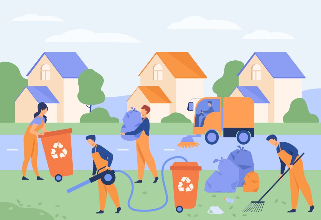 Cleaning workers picking up litter on suburban street